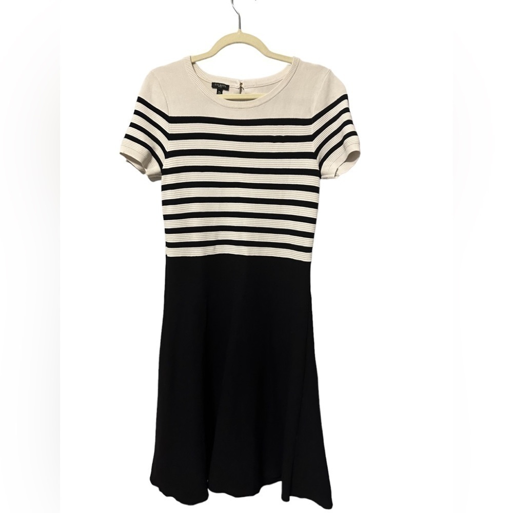 Talbots Black and White Striped Short Sleeve A-Line Career Dress MP